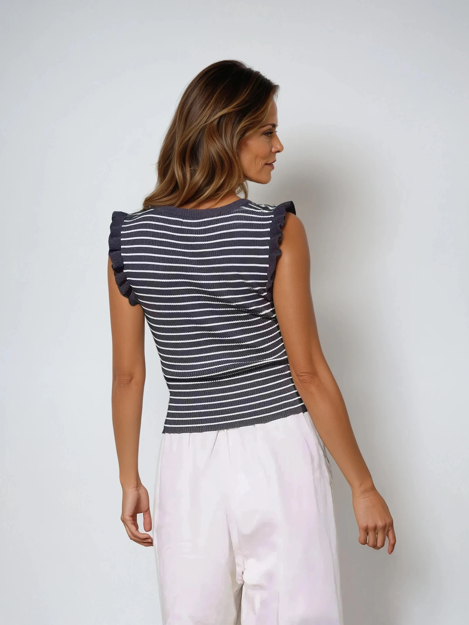 Stripe Ruffle Trim Top Navy