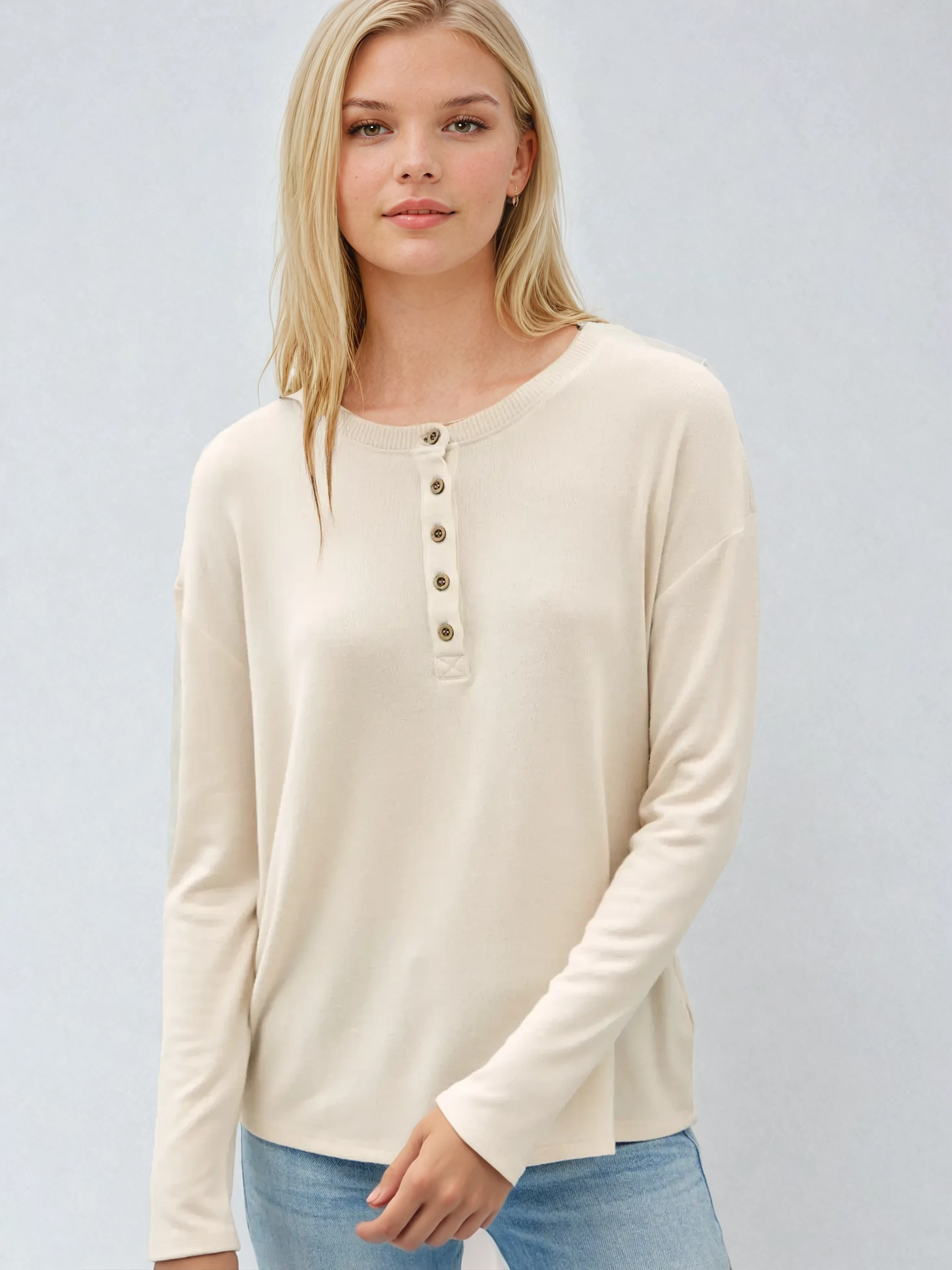 Hacci Long Sleeve Henley Top Oatmeal