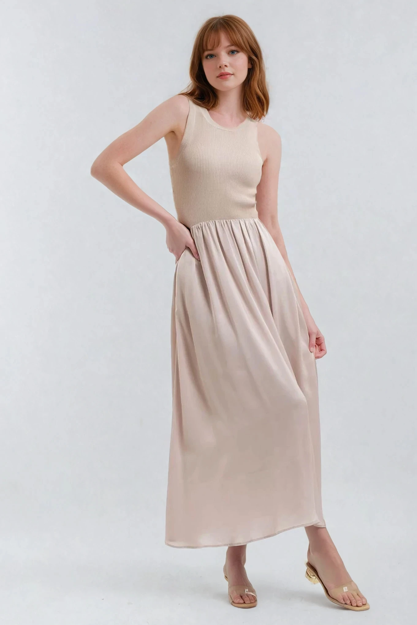Knit Mixed Media Sleeveless Midi Dress