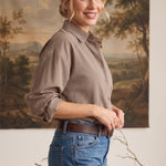graced On Duty Gingham Button Up Top in brown micro-gingham pattern with long sleeves and a relaxed fit