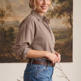 graced On Duty Gingham Button Up Top in brown micro-gingham pattern with long sleeves and a relaxed fit