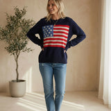 Navy American Flag lightweight sweater from Panache Apparel Co, casual tops with patriotic star and stripe design, acrylic and nylon blend.