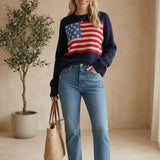 Navy lightweight American flag sweater from Panache Apparel Co, soft acrylic and nylon tops with patriotic flag design.