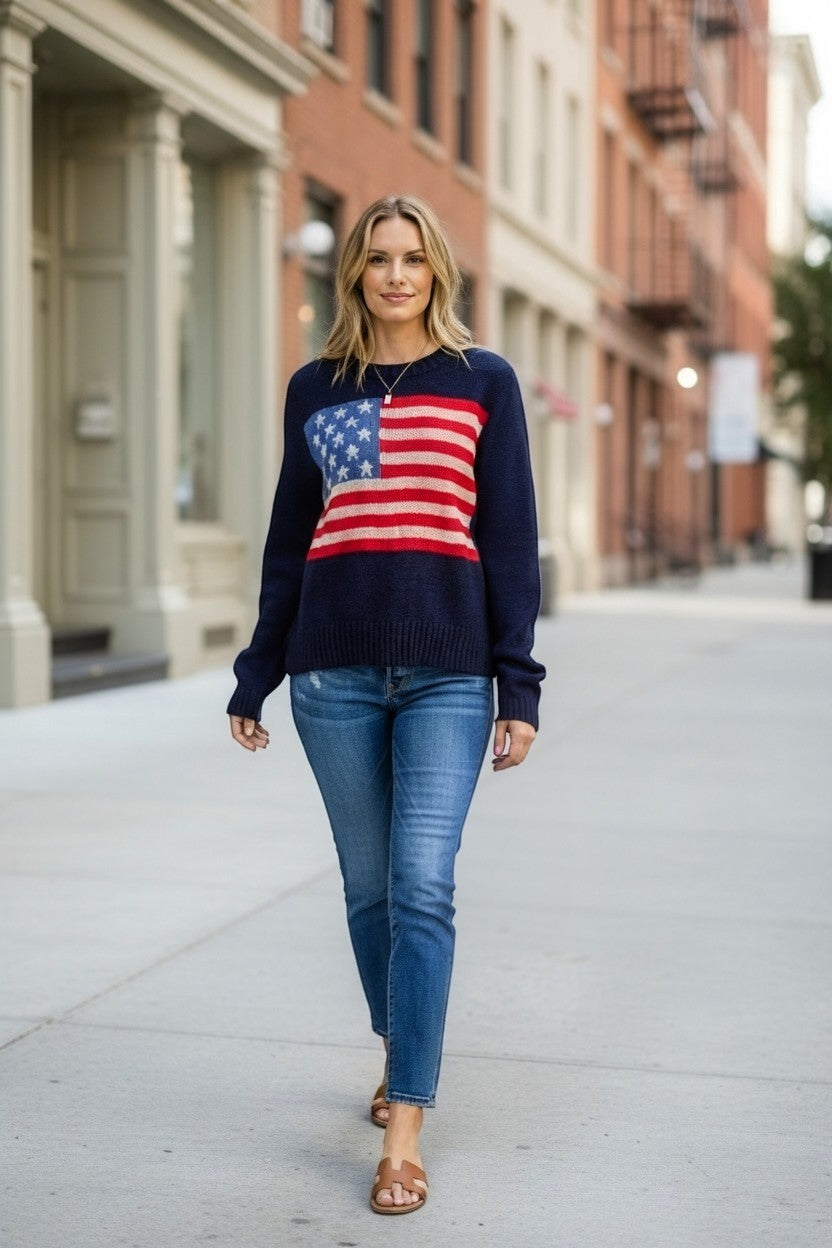 Navy American Flag lightweight sweater by Panache Apparel Co, casual tops with patriotic flag design and soft acrylic nylon fabric.