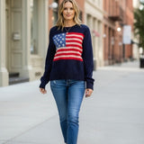 Navy American Flag lightweight sweater by Panache Apparel Co, casual tops with patriotic flag design and soft acrylic nylon fabric.