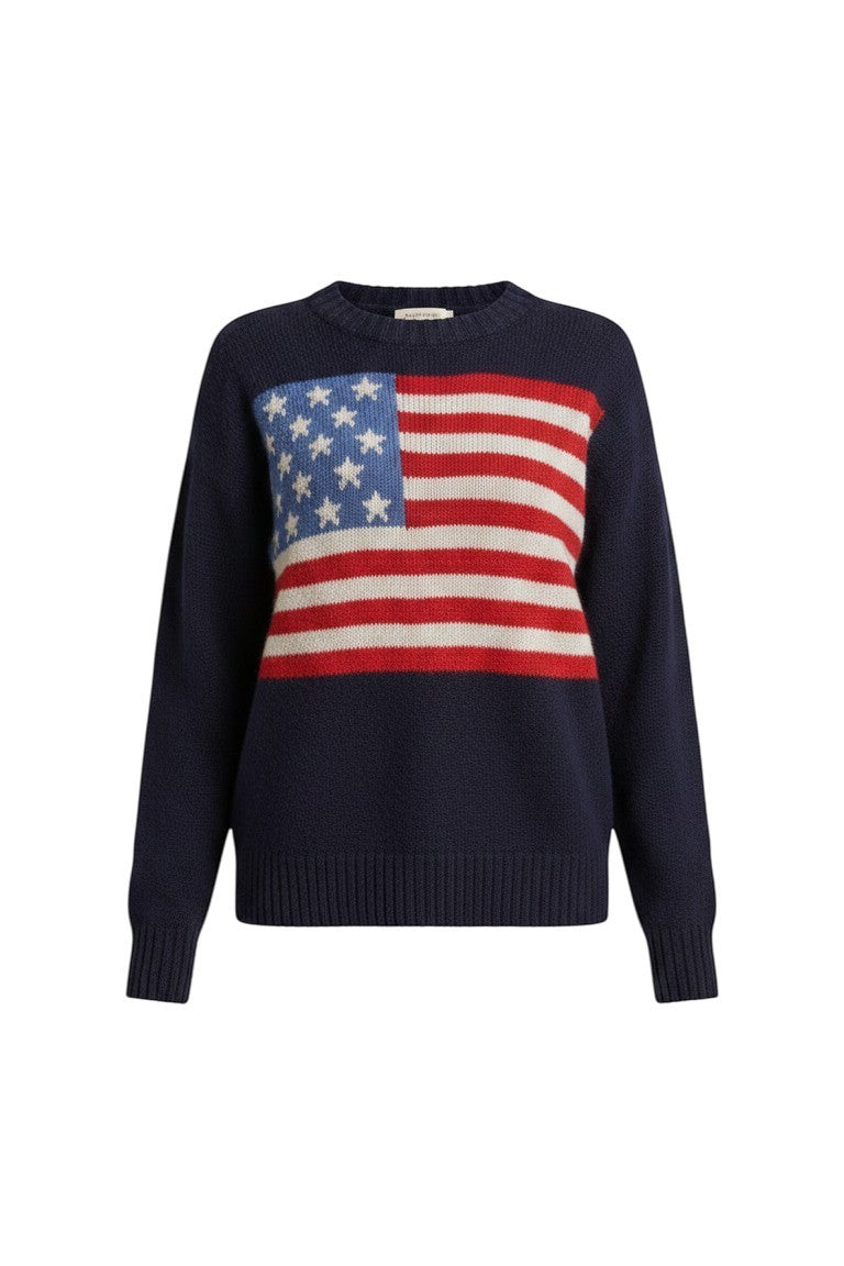 Navy lightweight American flag sweater by Panache Apparel Co, casual tops basics with patriotic star and stripe design.
