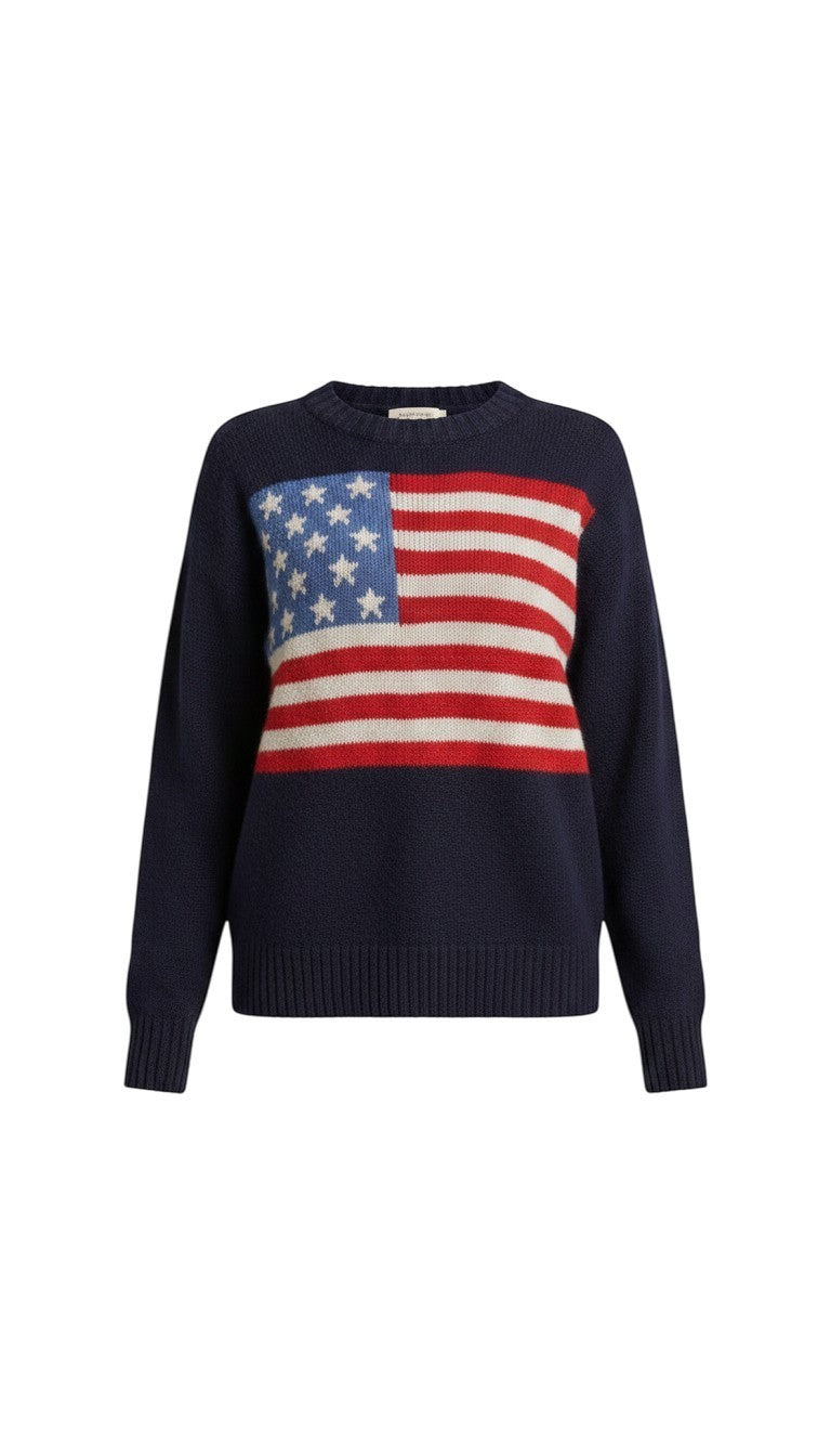 Navy American flag lightweight sweater by Panache Apparel Co, showing stars and stripes design on soft acrylic and nylon fabric.