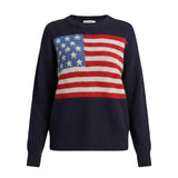 Navy American flag lightweight sweater by Panache Apparel Co, showing stars and stripes design on soft acrylic and nylon fabric.