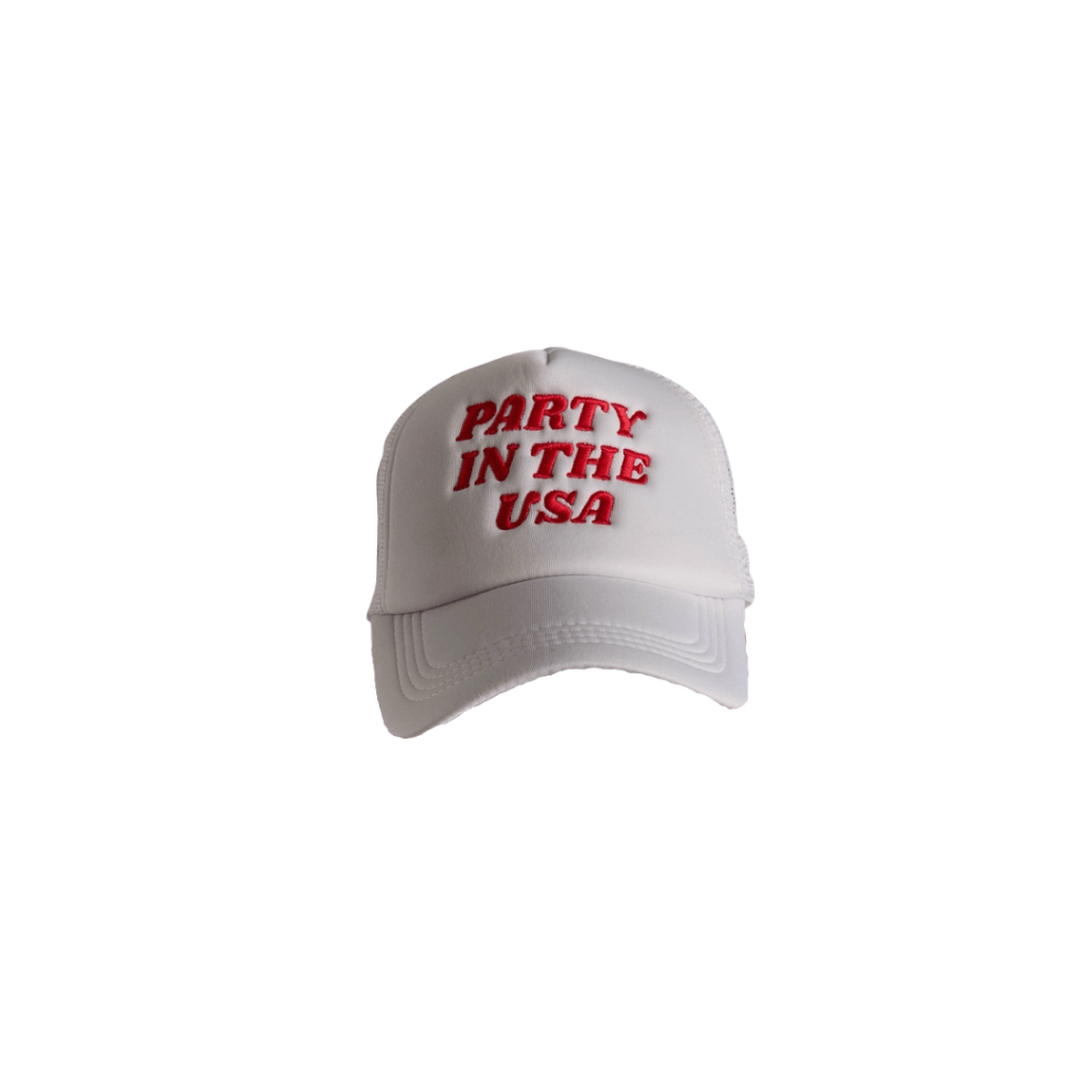 White cap with 'Party in the USA' text in red on a white background