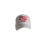 White cap with 'Party in the USA' text in red on a white background
