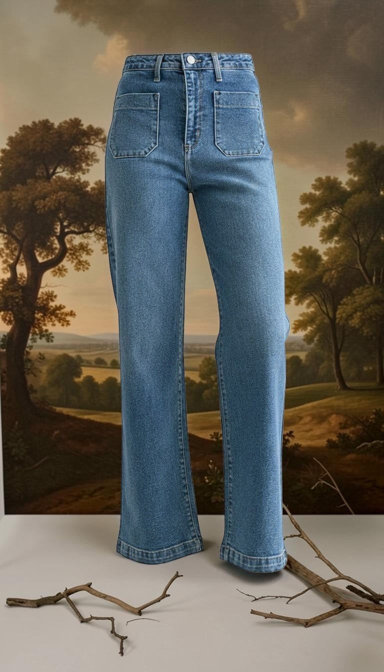 JBD Patch Pocket Wide Leg Jeans showing front view with patch pockets, high waist, and relaxed fit in denim fabric.