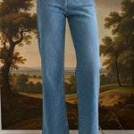 JBD Patch Pocket Wide Leg Jeans showing front view with patch pockets, high waist, and relaxed fit in denim fabric.