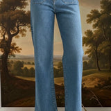 JBD Patch Pocket Wide Leg Jeans showing front view with patch pockets, high waist, and relaxed fit in denim fabric.