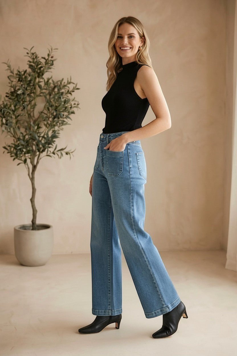 JBD Patch Pocket Wide Leg Jeans, stylish denim bottoms with patch pockets and a relaxed wide-leg fit.