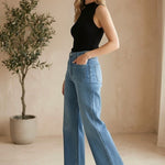 JBD Patch Pocket Wide Leg Jeans, stylish denim bottoms with patch pockets and a relaxed wide-leg fit.
