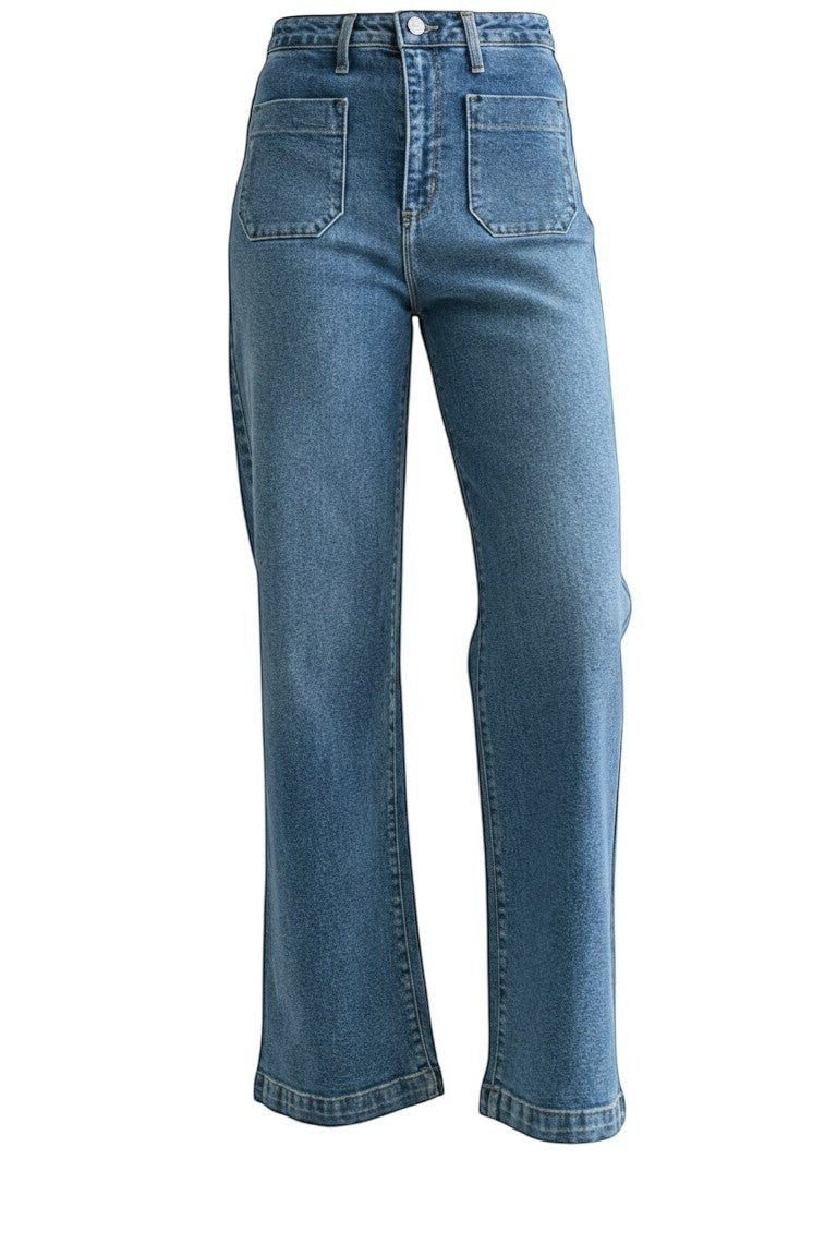 JBD Patch Pocket Wide Leg Jeans showing front view with patch pockets, high waist, and relaxed fit in denim fabric.
