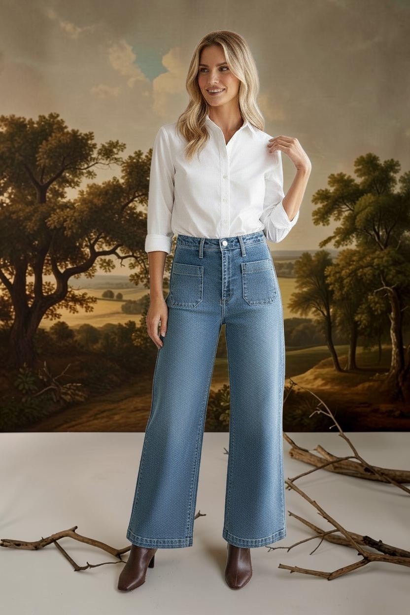graced wide leg denim jeans with front patch pockets worn by a model in a white button-down shirt