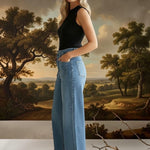 JBD patch pocket wide-leg jeans, casual denim bottoms with large patch pockets and relaxed fit, front view.