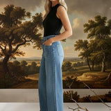 JBD patch pocket wide-leg jeans, casual denim bottoms with large patch pockets and relaxed fit, front view.
