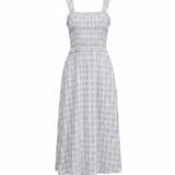 Allie Rose plaid print smocked midi dress featuring blue and small plaid pattern, sleeveless design, and fitted bodice.
