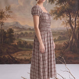 Plaid Puff Sleeve Ruffled Smocked Waist Midi Dress