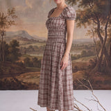 Plaid Puff Sleeve Ruffled Smocked Waist Midi Dress