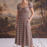 Plaid Puff Sleeve Ruffled Smocked Waist Midi Dress