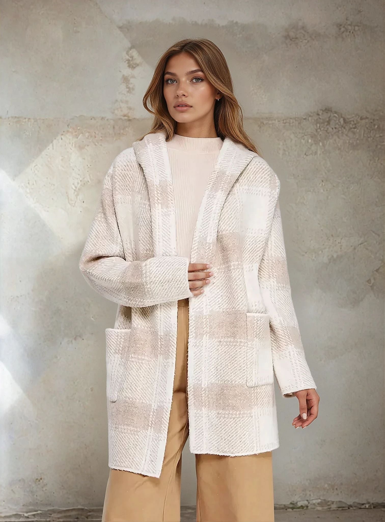 Plaid Sweater Hooded Cardigan