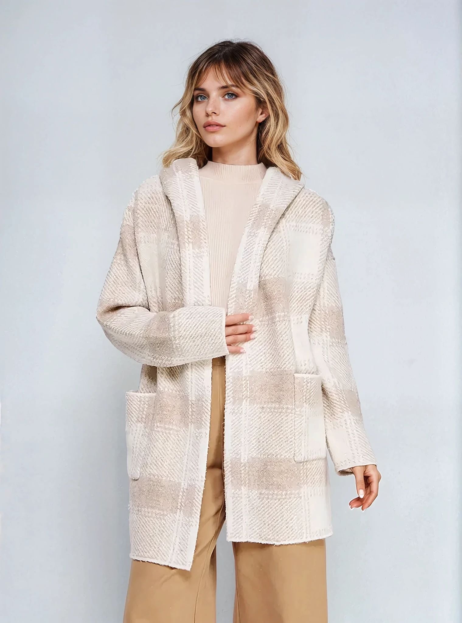 Plaid Sweater Hooded Cardigan