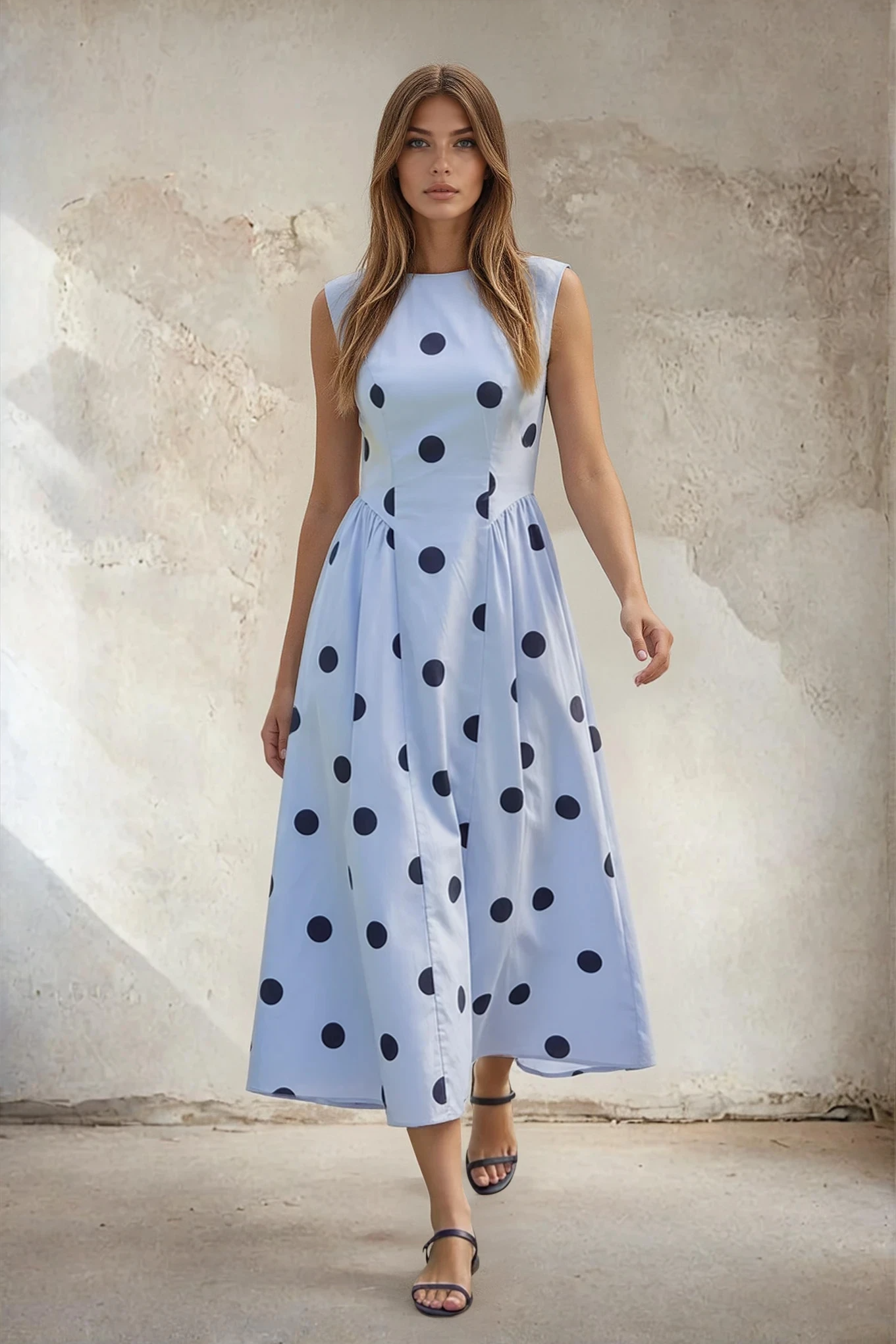 Sleeveless Polka Dot Midi Dress