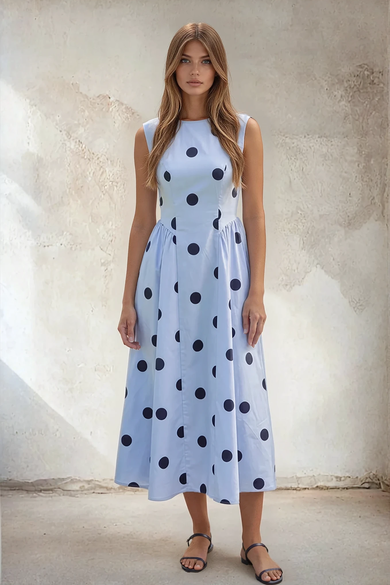 Sleeveless Polka Dot Midi Dress