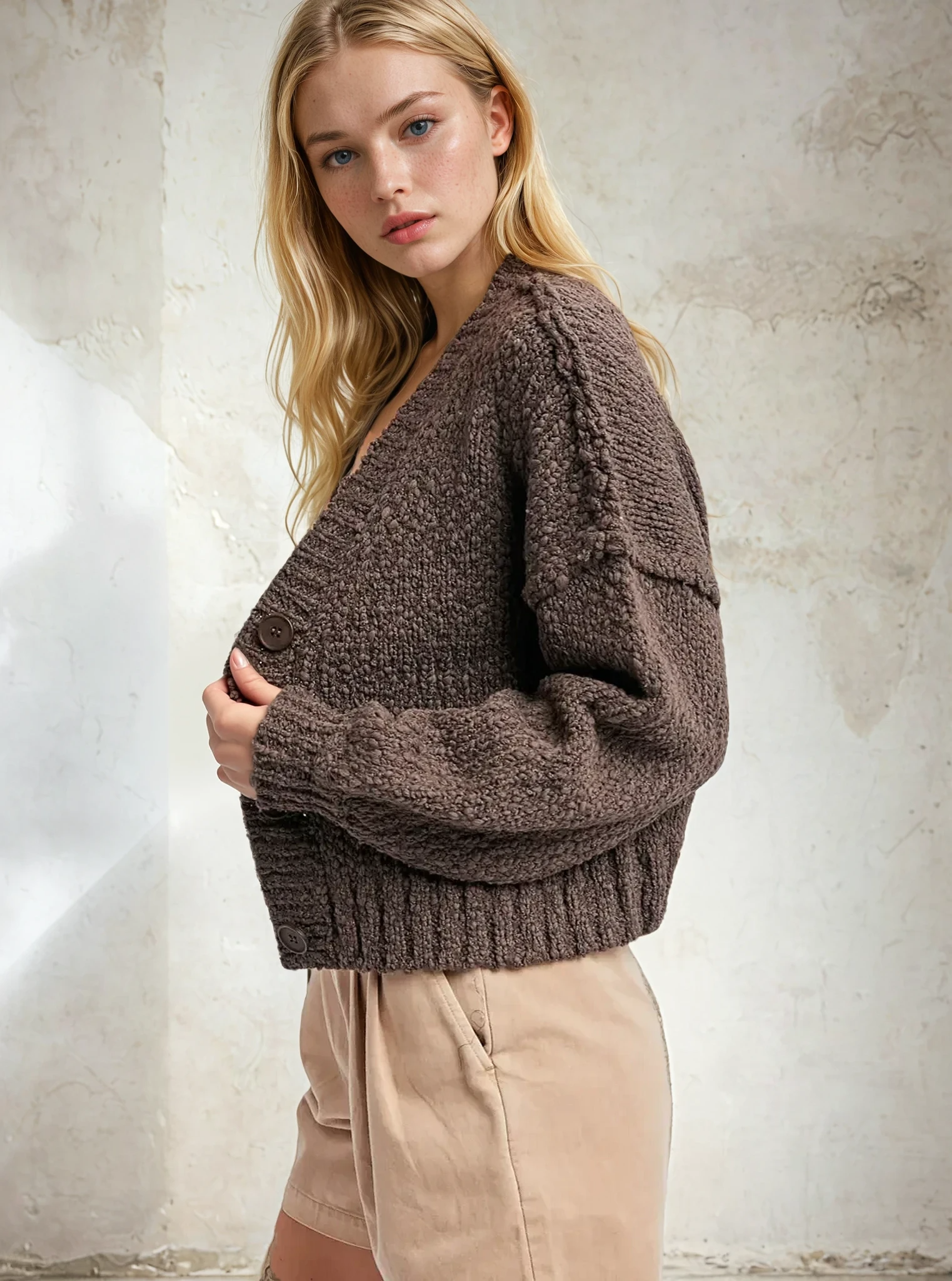 Cropped Popcorn Knit Cardigan