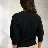 Puffed 3/4 Sleeve Knit Top Black