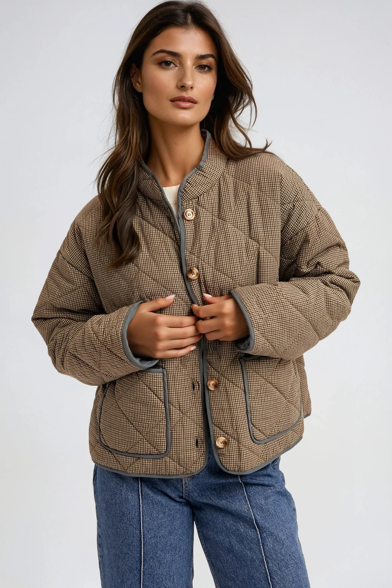 Checker Print Quilted Jacket Olive