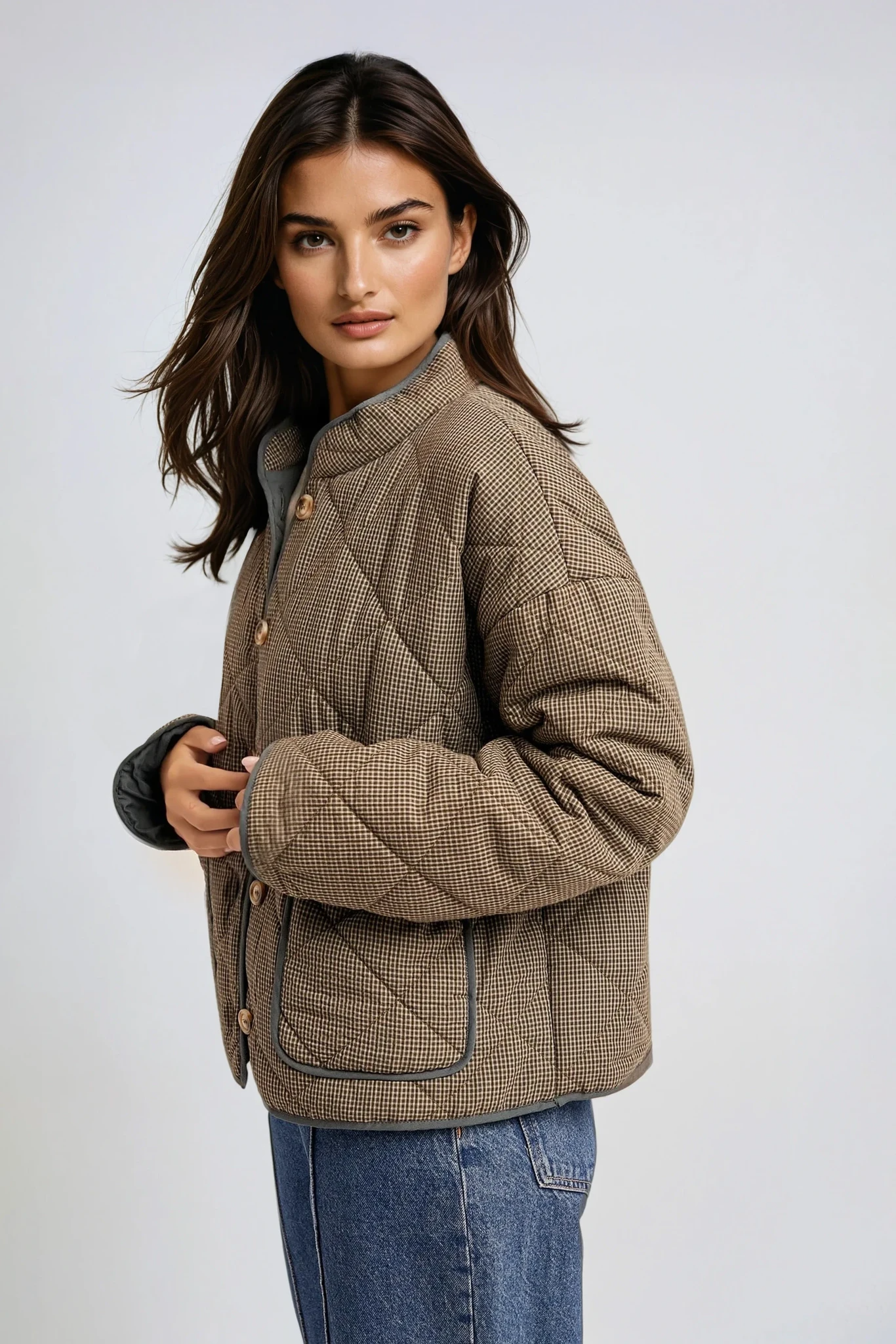 Checker Print Quilted Jacket Olive