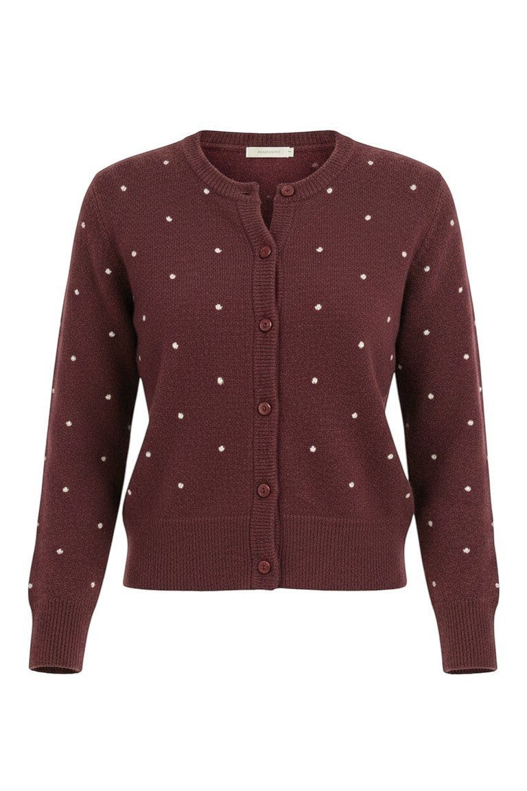 graced burgundy cardigan with raised white polka dots, featuring a button-up front and ribbed cuffs in a wool blend.