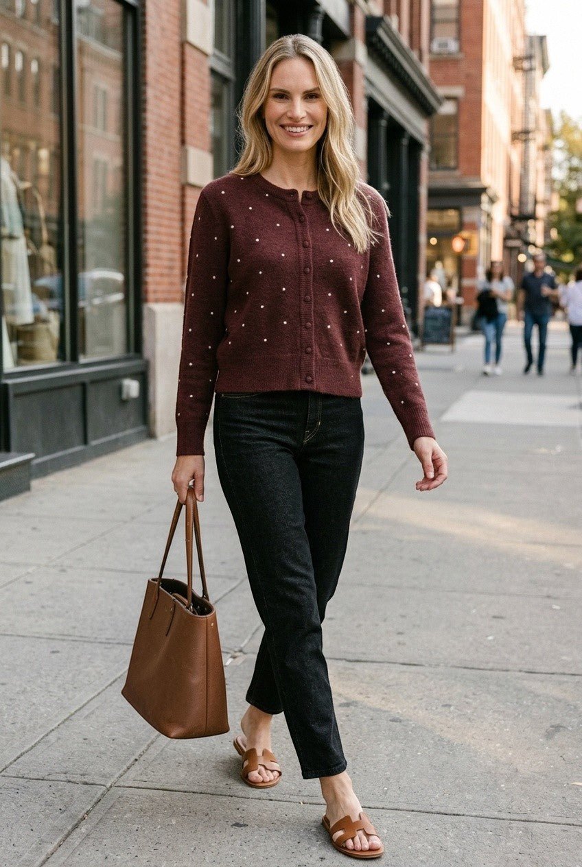 graced burgundy cardigan with raised polka dots worn by a smiling woman with a brown tote bag on a city sidewalk
