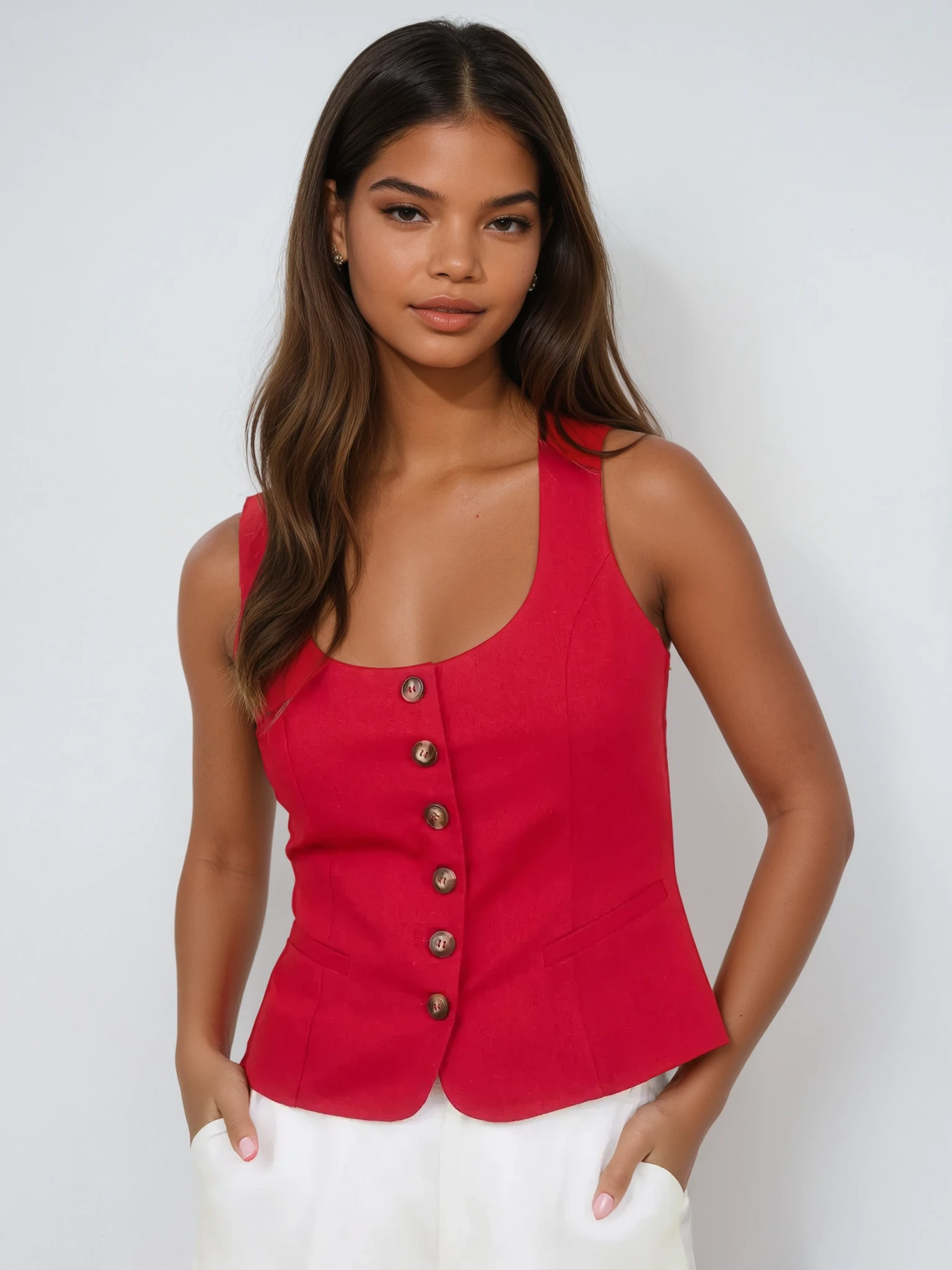 Scoop Neck Button Down Linen Top