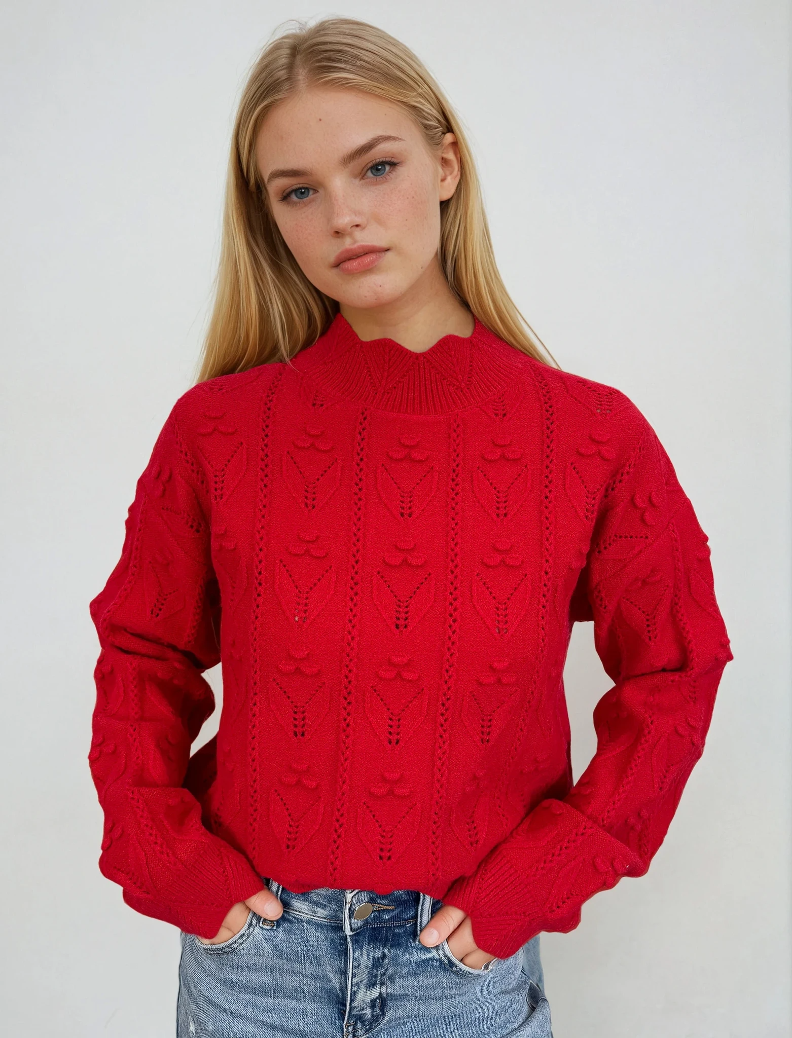 Scallop Edge High Neck Sweater