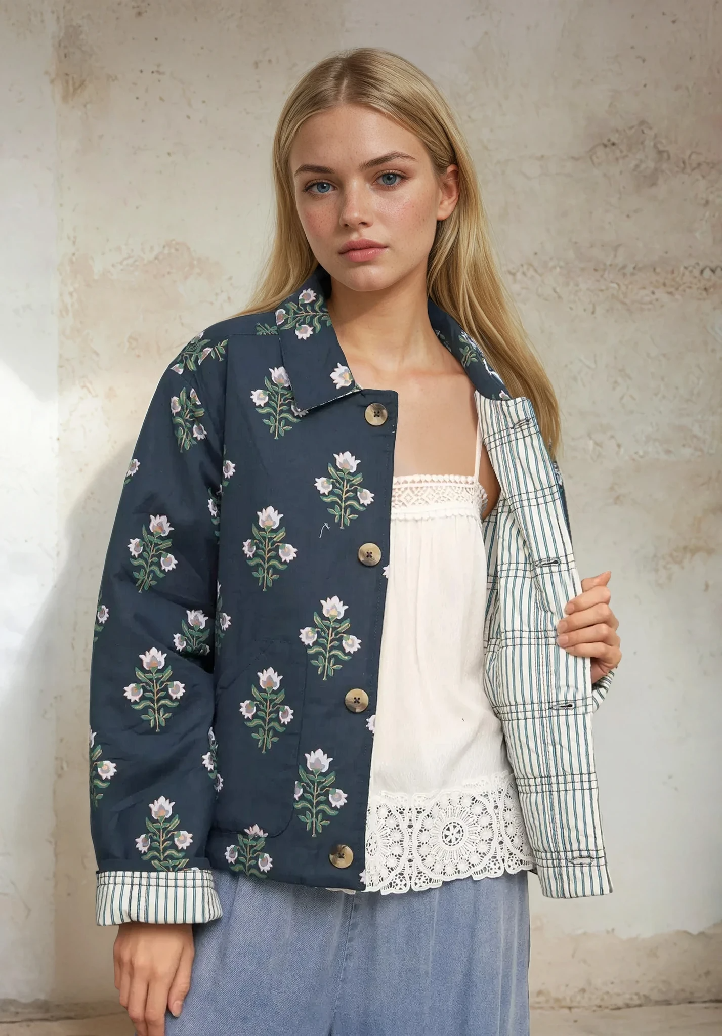Reversible Quilted Flower Striped Jacket