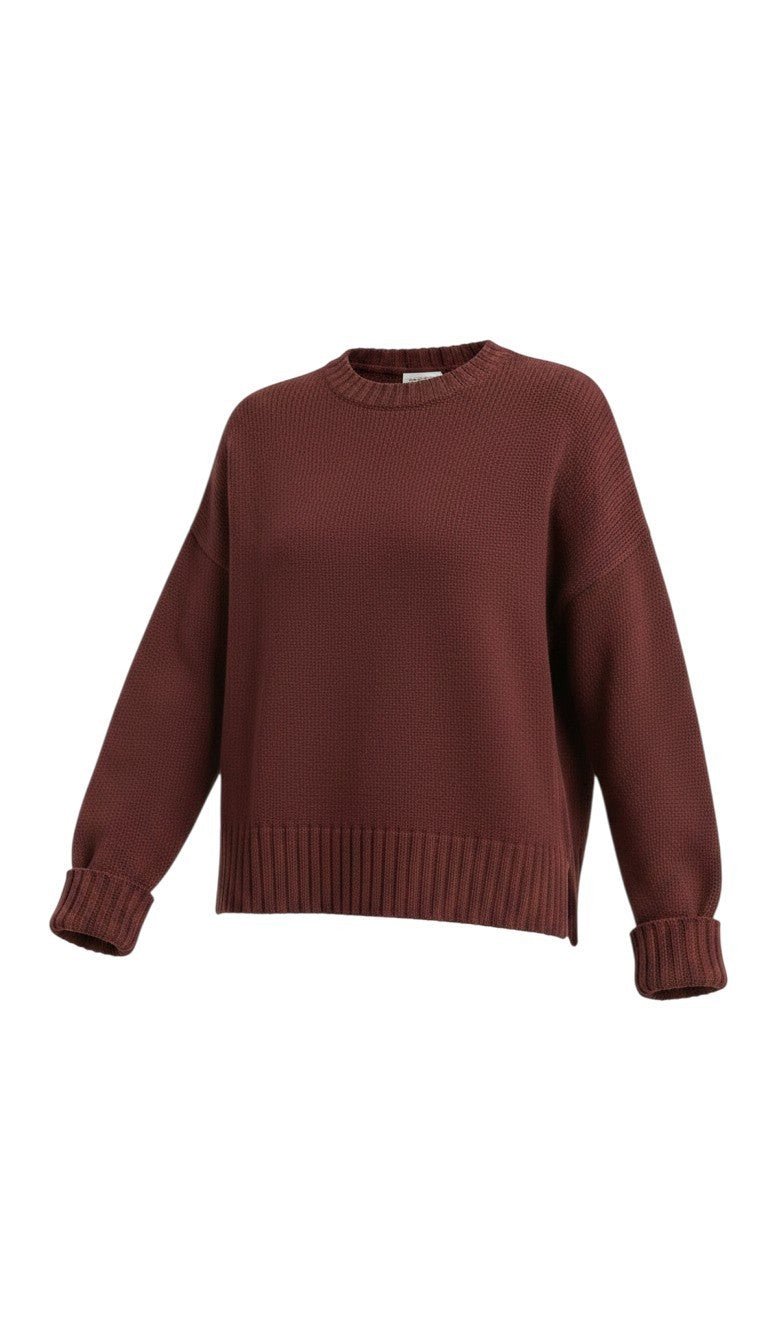 graced Ribbed Cuff Sleeve Sweater in coco brown cotton blend knit with a relaxed fit and crew neckline