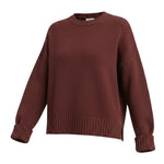 graced Ribbed Cuff Sleeve Sweater in coco brown cotton blend knit with a relaxed fit and crew neckline
