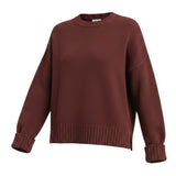 graced Ribbed Cuff Sleeve Sweater in coco brown cotton blend knit with a relaxed fit and crew neckline