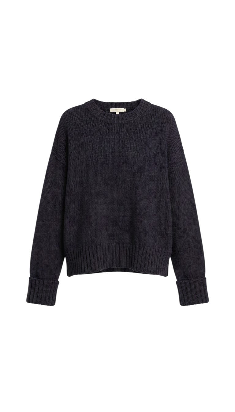graced navy blue cotton-blend sweater with a relaxed fit, crew neckline, and wide ribbed cuffs