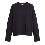 graced navy blue cotton-blend sweater with a relaxed fit, crew neckline, and wide ribbed cuffs