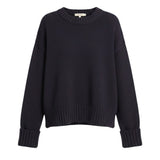 graced navy blue cotton-blend sweater with a relaxed fit, crew neckline, and wide ribbed cuffs