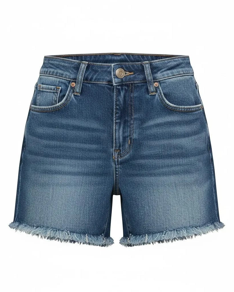 Dark wash high waisted shorts by Risen, showing a close-up of the stylish denim bottom with a fitted waistband.
