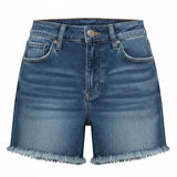 Dark wash high waisted shorts by Risen, showing a close-up of the stylish denim bottom with a fitted waistband.
