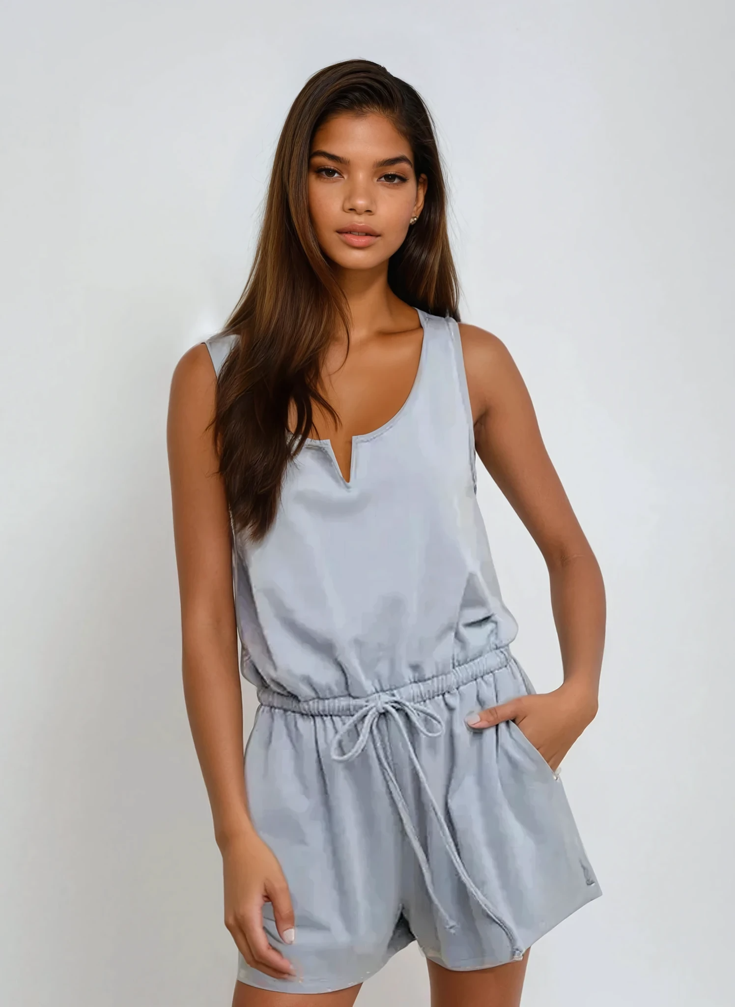 French Terry Knit Romper with Drawstring