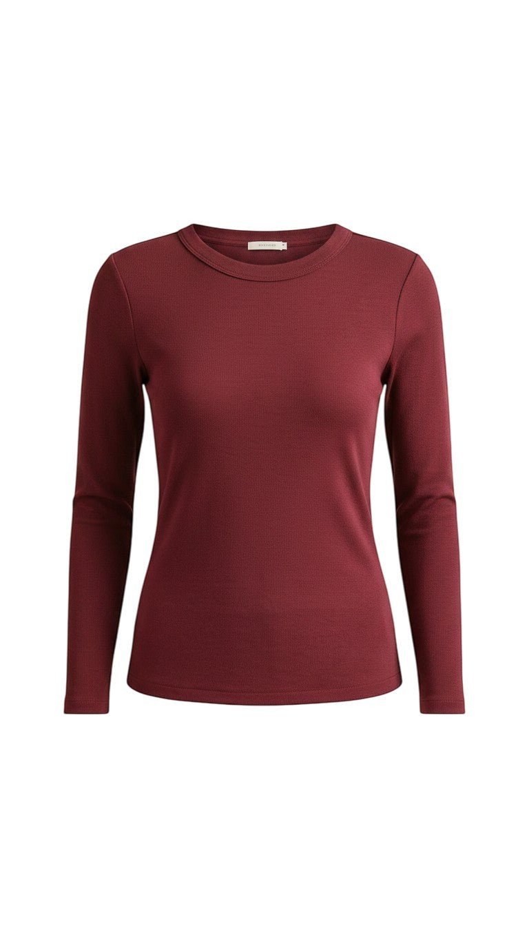 graced wine red long sleeve knit top with a classic round neckline and a flattering fitted silhouette